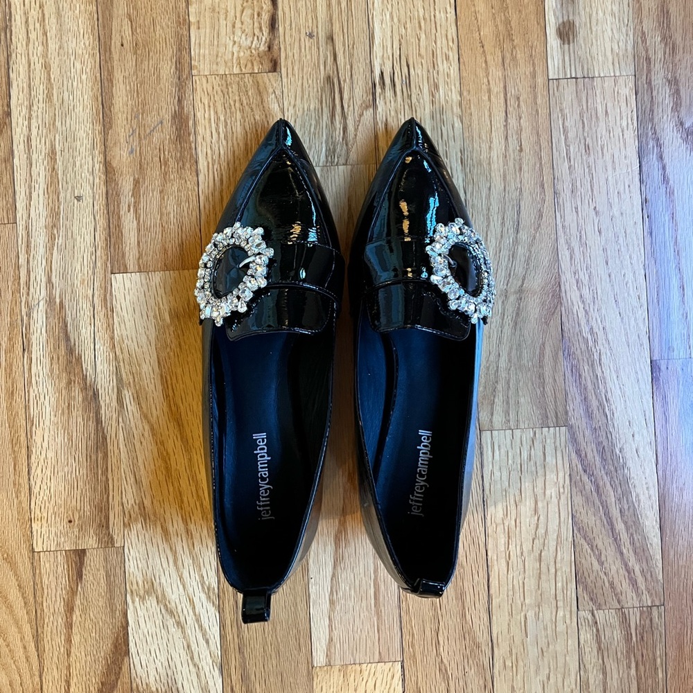 Jeffrey Campbell Black Patent Loafers with Crystal Detail